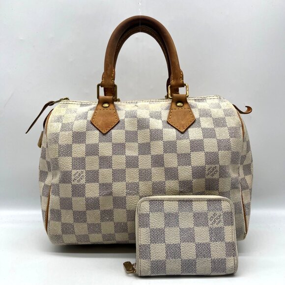 Louis Vuitton Ivory & Blue Canvas Speedy 25 Damier Azur Satchel With Wallet Set - Picture 2 of 12